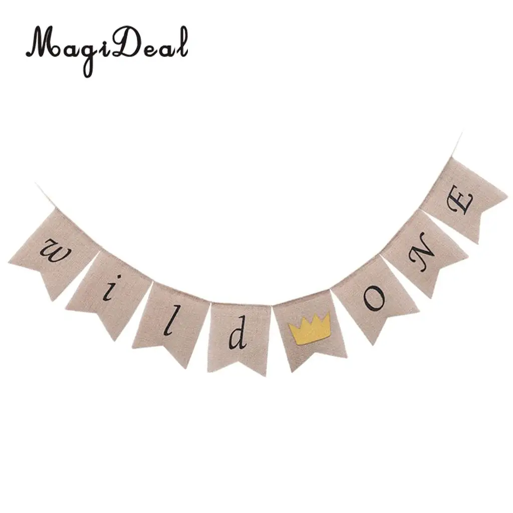 

MagiDeal Vintage Burlap Wild One Banner with Crown 1st Birthday Baby Shower Party Garland Sign Cake Smash Wall Mantel Decor