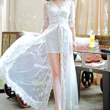 Высокое качество Мода V воротник цветок газовая кружевная вышивка две части длинное платье Белый