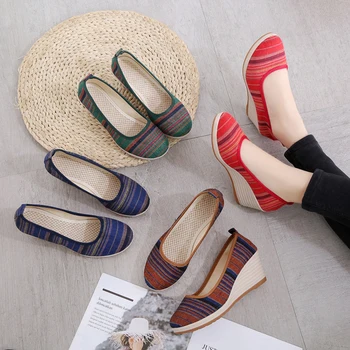 AARDIMI Retro Handmade Cotton Fabric Platform Women Shoes National style Shallow Slip On Women Pumps High Heeled Shoes Woman chinese vintage women pumps slip on natural linen floral pumps slope heel retro cloth canvas soft shoes woman