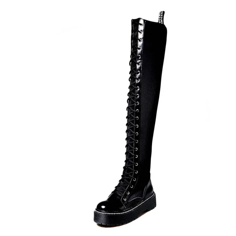 

FIDANEI Sexy Lace Up Over Knee Boots Women Boots Flats Shoes Woman Square Heel Rubber Boots Botas Winter Thigh High Boots