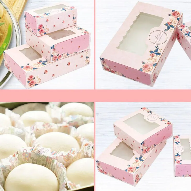 

2019 10 Pcs new Paper Gift Box With Window Wedding Party Pink Rose Wreath Paper Box Cake Food Packaging Candy Cookies Cupcake