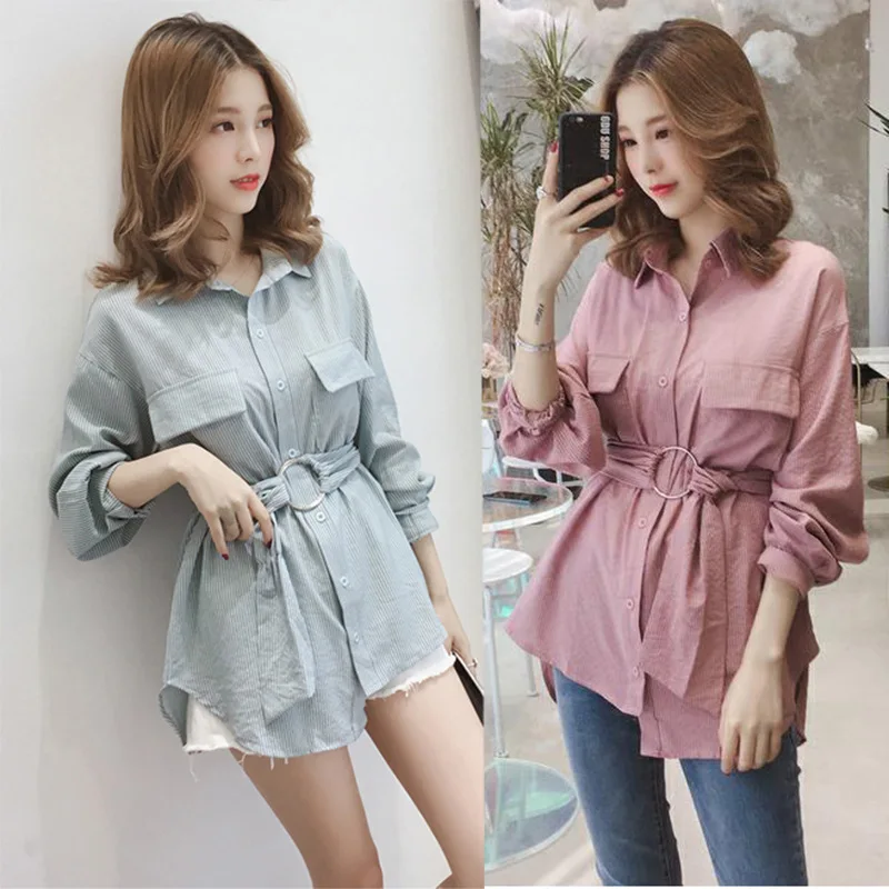 

Mr.nut spring and autumn new lapel waist stripe long-sleeved shirt Office Lady Chiffon women blouses