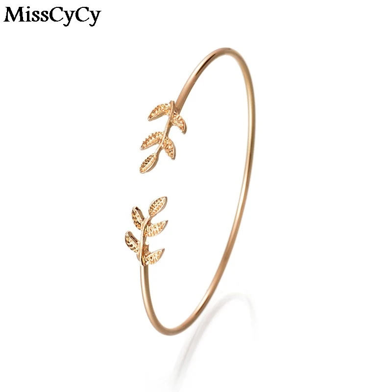 MissCyCy Винтажный Золотой цвет браслеты и металлические листья лист Открытие для