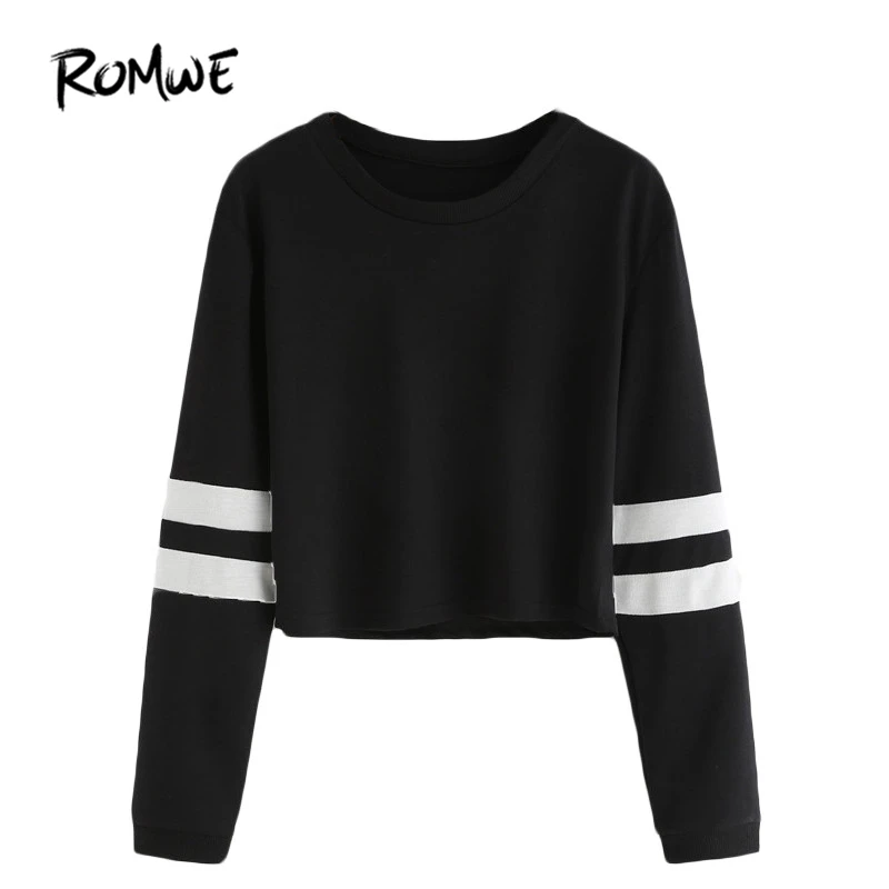 

ROMWE T shirt Women 2019 Clothing Casual Ladies Autumn Tees Round Neck Varsity Striped Long Sleeve Crop T-shirt