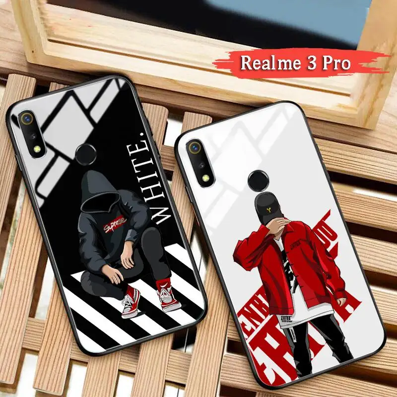 

GFAITH For Realme 3 Pro Case Tempered Glass Cover for Realme 3 Pro C2 Pro Off White Black Couple Cases Graffiti Street Style