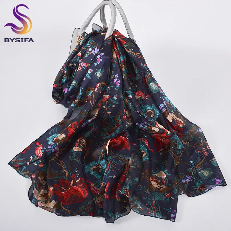 [BYSIFA] Women's Pure Silk Scarf Shawl Fashion Utra-long Scarves Printed Fall Foulard Winter Navy Blue Red Neck Scarf 180*110cm - Цвет: navy blue red