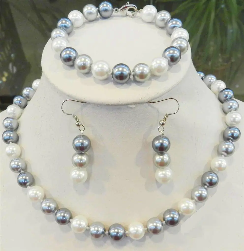 

New Woman 10mm Elegant White Silver Gray Shell Pearl Necklace Bracelets Earrings AAA style Fine Noble real Natural free shipping