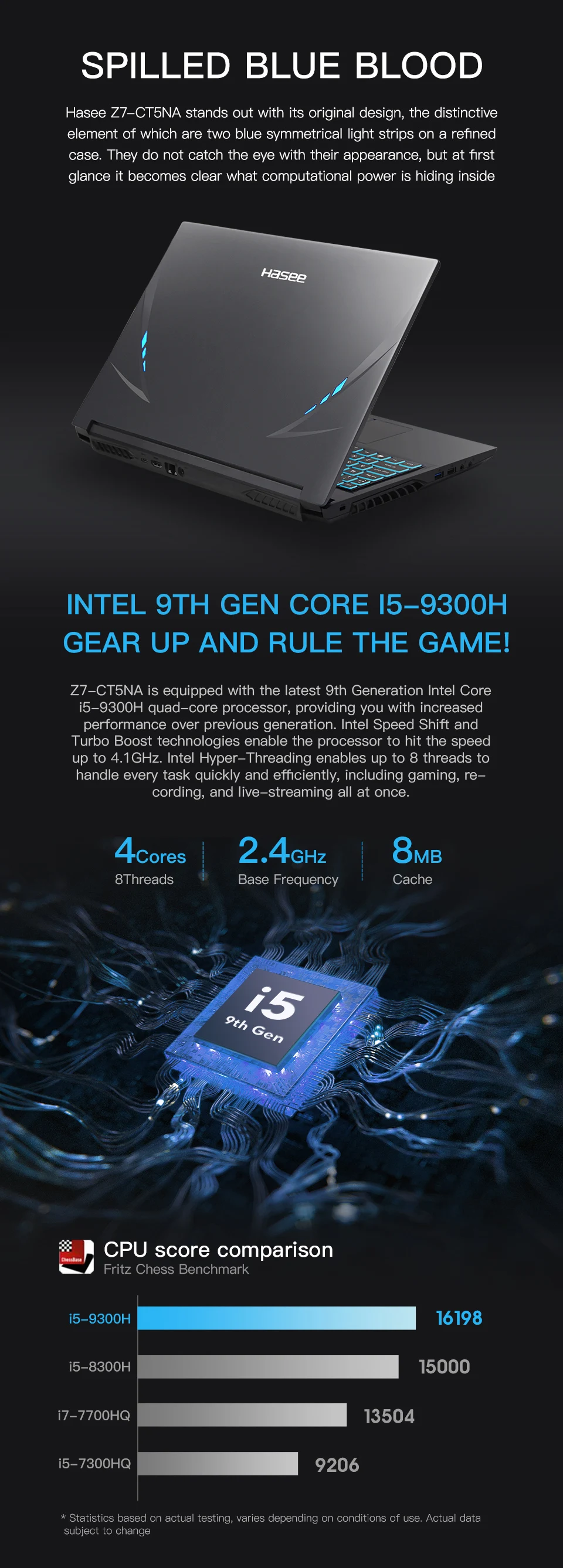 Ноутбук hasee Z7-CT5NA для игр(Intel 9Gen I5-9300H+ GTX1660Ti 6G GDDR6/8G ram/512G SSD/DOS/15,6 ''IPS