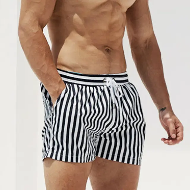 Desmiit Swimwear Mens Swim Shorts Beach Swimsuit Waterproof Striped Men