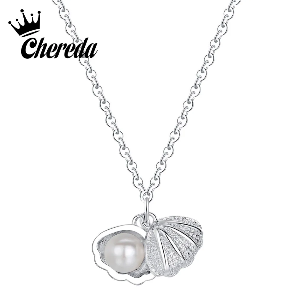 

Chereda Silver Tiny Shell Shape Necklace&Pendant for Women Long Chain Pearl Small Pendant Elegant Jewelry Wedding Gift