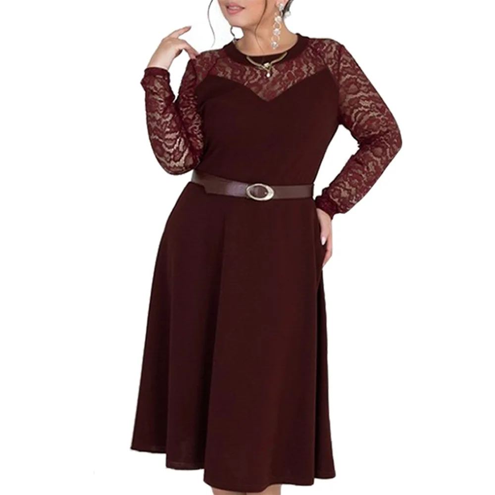 

Sexy Lace Patchwork Dress Elegant Women Long Sleeve Maxi Midi Dress Tunic Autumn Slim Party Dresses Vestidos Plus Size 6XL Belt