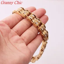 Granny Chic 9″*15MM New Arrival Fashion Jewelry Men Women Crystal Bracelets Gold Tone 316L Stainless Steel Bracelets & Bangles