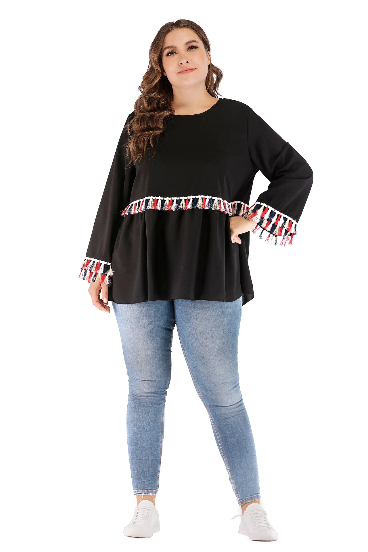 Big Size Women's Fashion Shirt Colorful Tassel Black Tops Plus Size 4xl