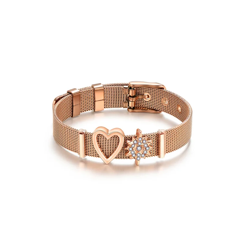 Heart Crystal Bracelet Stainless steel Mesh Charm Needle Buckle Bangle Valentines Gift for Women Lover Fashion Set Jewelry | Украшения и