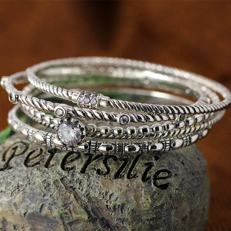 

men women jewelry sets 5 pcs vintage rings cut natural zircon 100% 925 sterling silver bracelet twist bangles fine wedding gifts