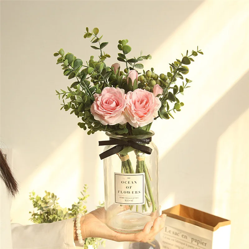 

Mini Silk Diy Handmade Artificial Rose Flower W/ Eucalyptus Leaves Bridal Bouquet Wedding Home Decor Fake Ornament New Arrivals
