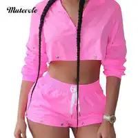 Mutevole Casual Summer Solid 2 Piece Short Sets Women Long Sleeve Crop Top Two Piece Set Bodycon Rivet 2pcs Outfit Set Clubwear
