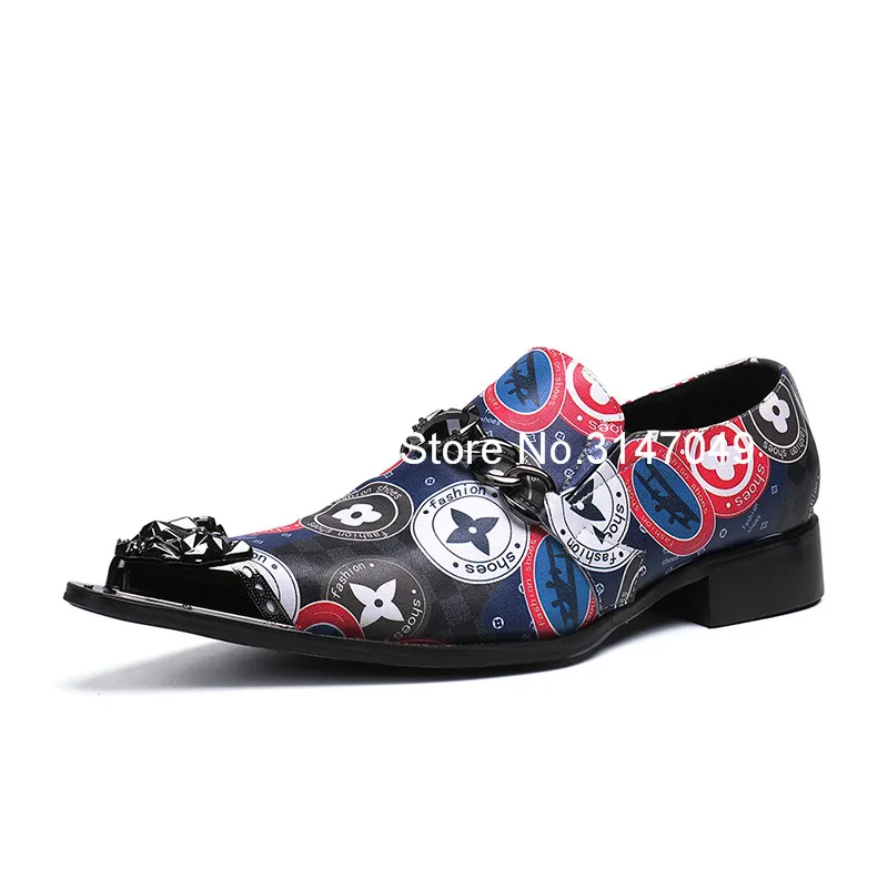 Business Couro Metal Azul Sapatas Fashion Casual Pé Moda De Em Dedo Dos Men's Sapatos Nova Deslizamento Cadeia Do Impressão Da Decorado Homens Partido w45qYCccXx
