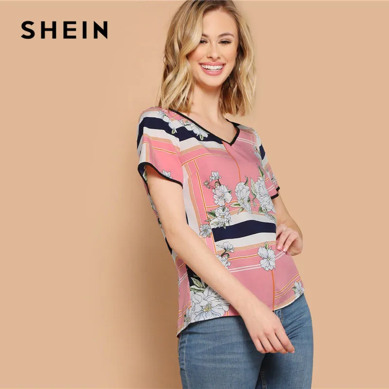 

SHEIN Multicolor Lady Weekend Casual Mixed Print Ringer V Neck Blouse 2019 Summer Floral Print Loose Women Tops And Blouses