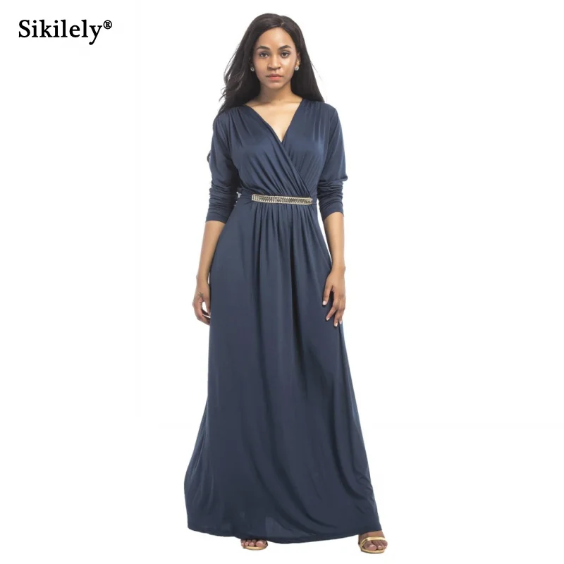 

New Arrival Woman Casual Dress Full Sleeve 2019 Autumn A Line Deep V Neck Plus Size Dress M-3XL African Dresses Longo Vestido