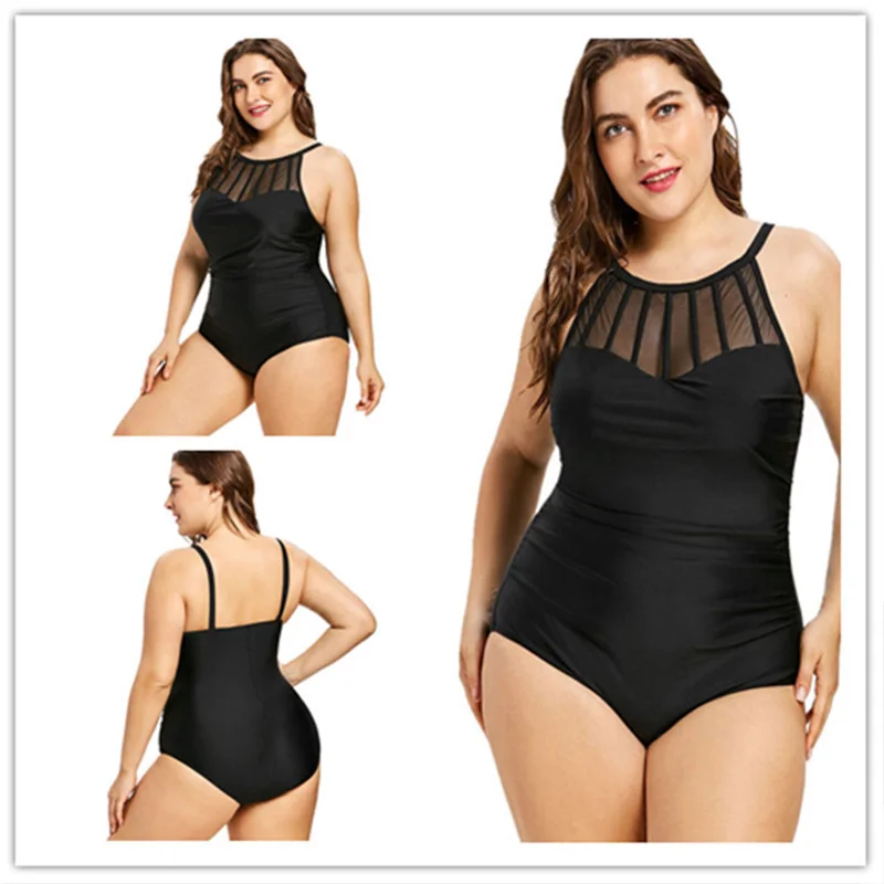 

One Piece Plus Size Swimwear Solid Black Mesh Patchwork Swimsuit Sexy Halter Bathing Suit Tankini Swimming Suit For Women G65