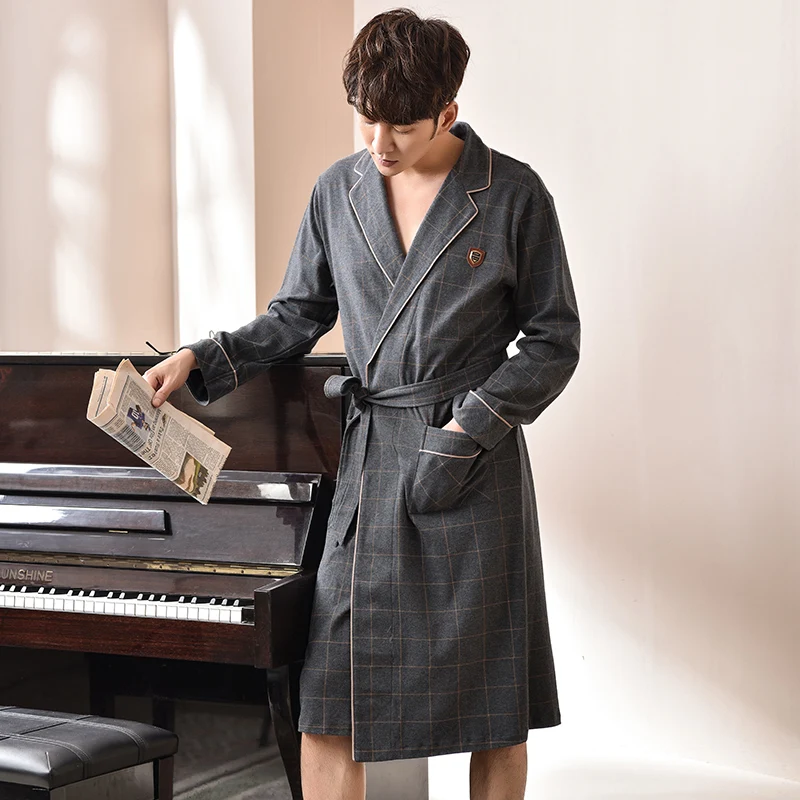 New Plus Size Bathrobe Male Plaid 100% Cotton Trendy Bath Robe Classy Kimono Men Kimono Hombre Good Quality Brand Yukata For Men