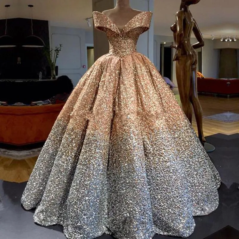 

Gorgeous Long Evening Gowns Ball Gown abiye abendkleider robe de soiree Vestidos De Festa Evening Gown Sequins Puffy Customized