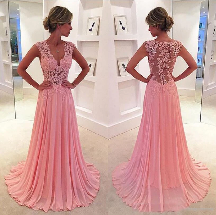 

2018 Elegant Pink Bridesmaid Dresses A Line V Neck Lace Illusion Lace Chiffon Long Party Formal Dresses Wedding Guest Gowns