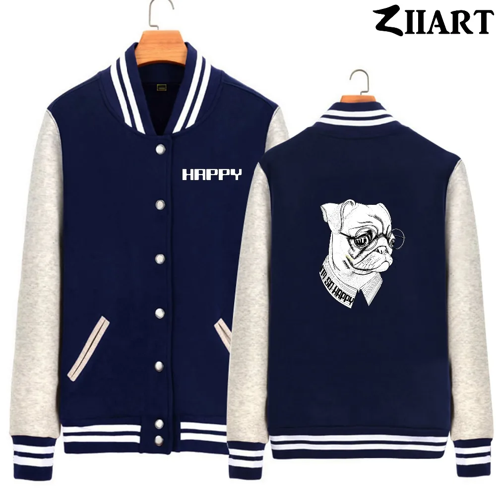 

I'm So Happy Pet Dog Bulldog Glasses Striped Shirt Girls Woman fleece Baseball Jackets couple clothes ZIIART