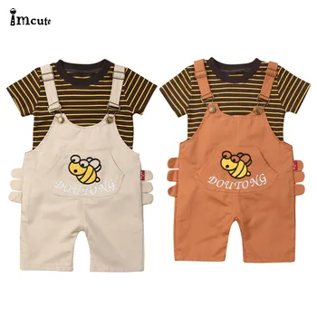 

CA 2PCS Toddler Kids Baby Boys Clothes 2019 New Summer Stripe Short Sleeve Tops+Bee Bib Pants Outfits Set
