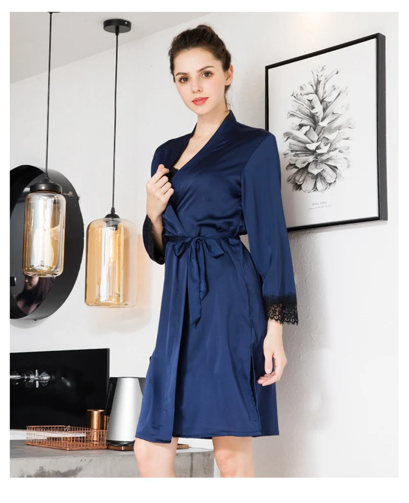 Daeyard модные женские туфли пикантные кружево Шелковый халат и платье комплект Ночная рубашка 2 шт. пижамы костюм ночное
