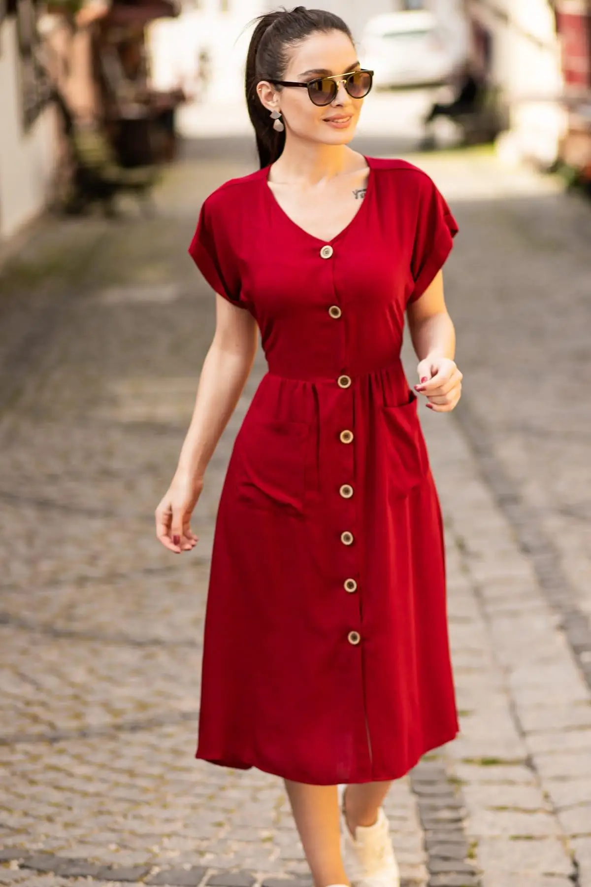 

Armonika Women Burgundy Pocket Front Button Dress ARM-18Y001138