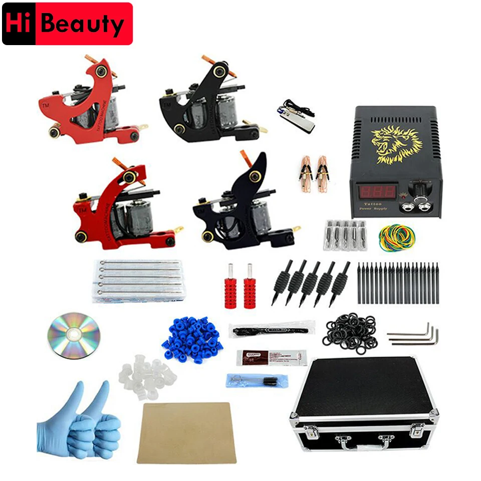 Tattoo Machines Set Complete Kit Power Supply 4 Machine Guns Power