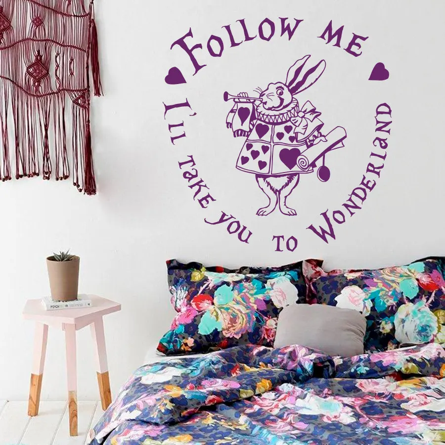 

Alice in Wonderland Rabbit Quote Wall Decal Follow Me I'll Take You To Wonderland Children's Room Vinyl Sticker WY-26