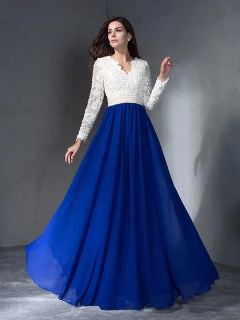 royal blue white lace chiffon modest pearls prom dresses long