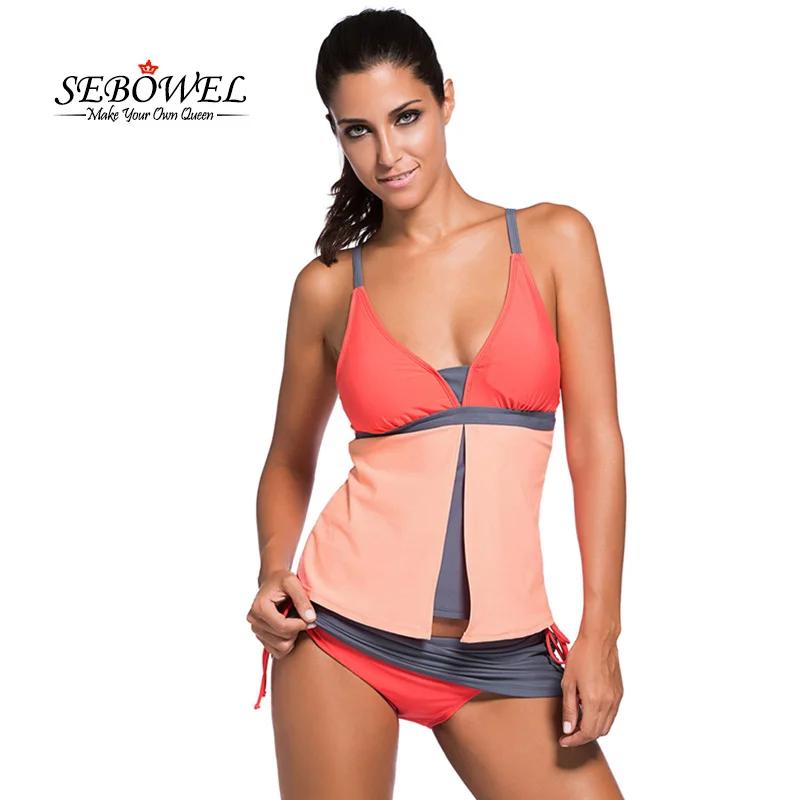 

SEBOWEL Sexy Tankini Swimsuit Women 2pc Swimwear Plus Size Pink Colorblock Tankini 2019 Summer Bikini Push up Bathing Suits XXXL