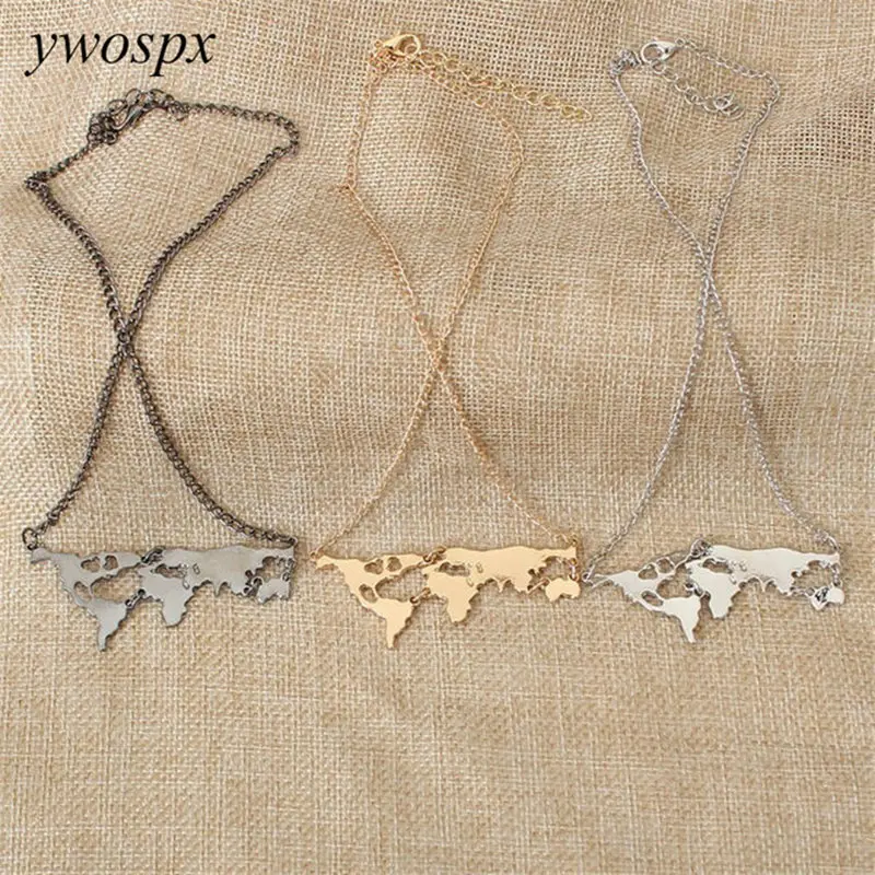 

Vintage Gold Silver Color World Map Pendant Necklaces for Women Anniversary Jewelry Statement Necklace Collar Bijoux Femme Gifts