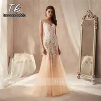 Marvelous Tulle & Lace Bateau Neckline See-through Sheath Prom Dress Lace Appliques Champagne Evening Dress vestido de formatura