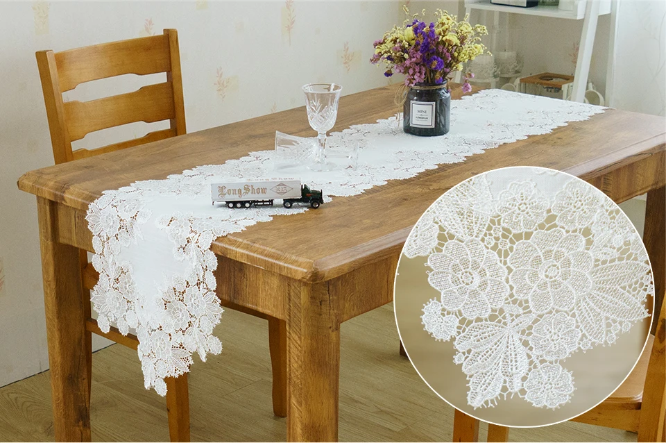 Creative Luxury Wedding Party Decorative Embroidered Lace White Polyester Linen Table Runner Bed Flag TV Stand Cabinet Cover