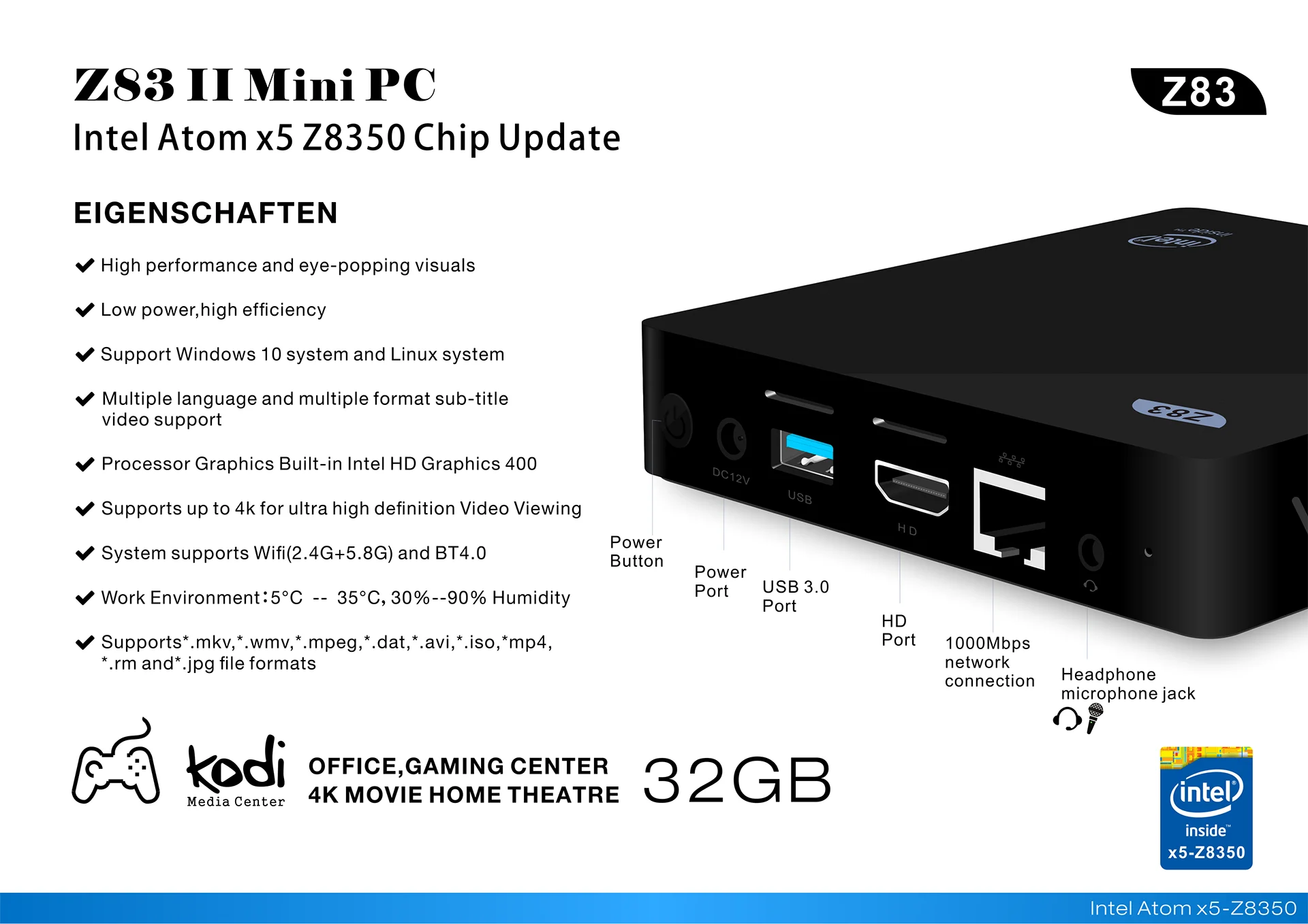 Z83II Мини ПК Windows 10 Intel Atom Z8350 Четырехъядерный 4 ГБ/64 Гб 5,8G двойной WiFi 1000M LAN Настольный win10 лицензированный Мини компьютер