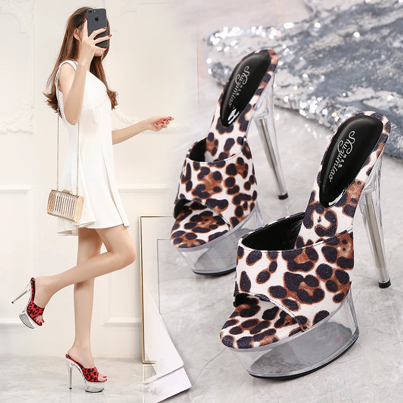 Shoes Woman New Platform Slippers Transparent Crystal Leopard High Heels 15cm Waterproof Shoes Big Size Female Slippers