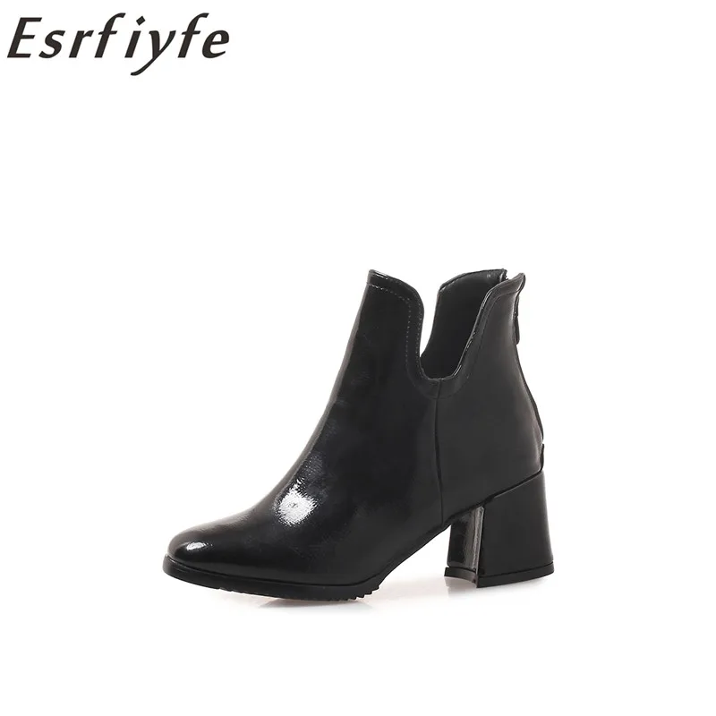

ESRFIYFE 2020 New Patent Leather Ankle Boots for Women Antumn Winter Square High Heels Square Toe Shoes Woman Short Plush Boots