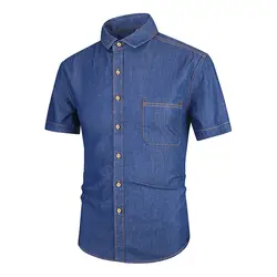Новая стильная Летняя мужская футболка с короткими рукавами хлопковая синяя джинсовая рубашка тонкая повседневная мужская одежда