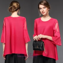 Плиссированный марлевый топ с расклешенными рукавами и бусинами, круглый вырез, Свободный Повседневный средний-длинный тренд, Женский складыватель для футболок, футболки