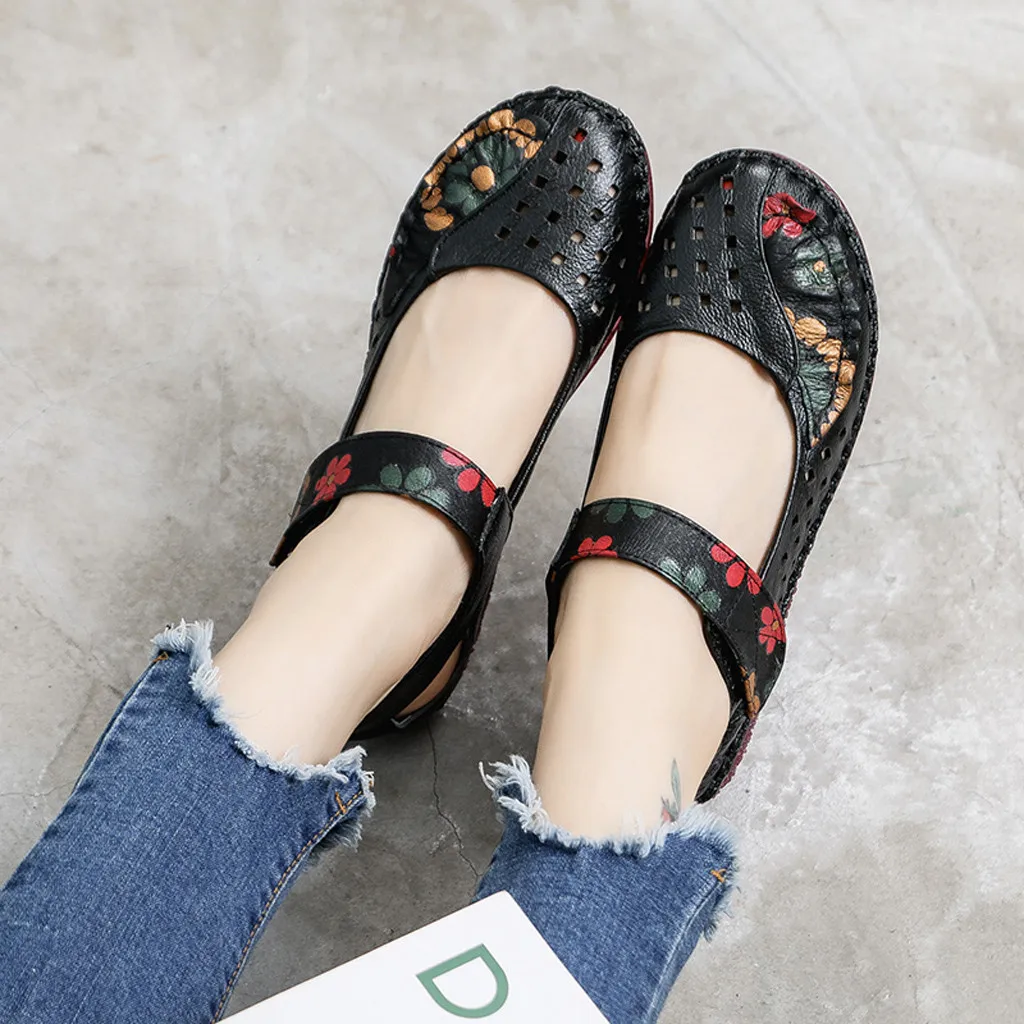 Women's Sandals Soft Bottom mother large size Flat leather Sandals slip comfort Flat Ankle Strap Shallow Hollow Dance Shoes