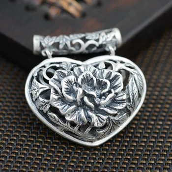 

The peony flower heart pendant S990 Zuyin wholesale silver antique style female Necklace birthday gift
