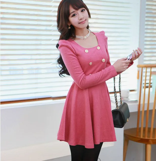 New arrival autumn women's bubble long sleeve woolen one piece dress ...