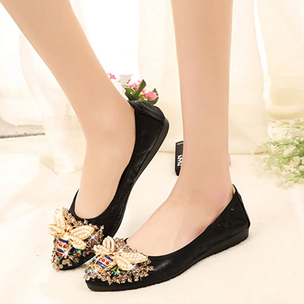 YOUYEDIAN ballerina Woman Plus Size Crystal Flat Shoes Comfortable Rhinestone Soft Bee sandalias mujer planas casual#G30