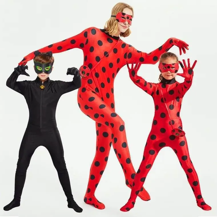 YES Spandex Ladybug Costume Jumpsuit Fancy Black Cat Adrian Marinette Super Hero Cosplay Costume For Girl Boy Adult Lady Wig