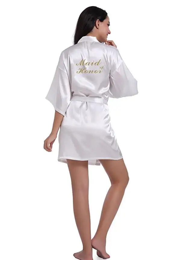 RB85 Maid of Honor Letter Golden Glitter Print Kimono Robes Faux Silk Women Bachelorette Wedding Preparewear Bridal Party Robe